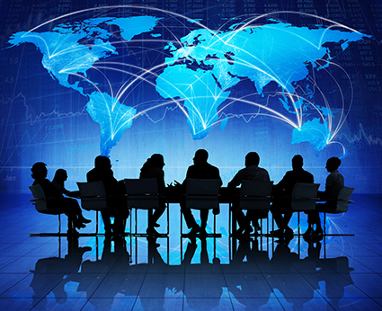 Graphic of meeting and a world map