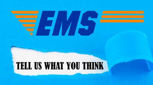 EMS logo and message for members 'tell us what you think'