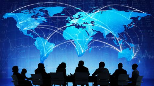 Graphic of a meeting with a world map